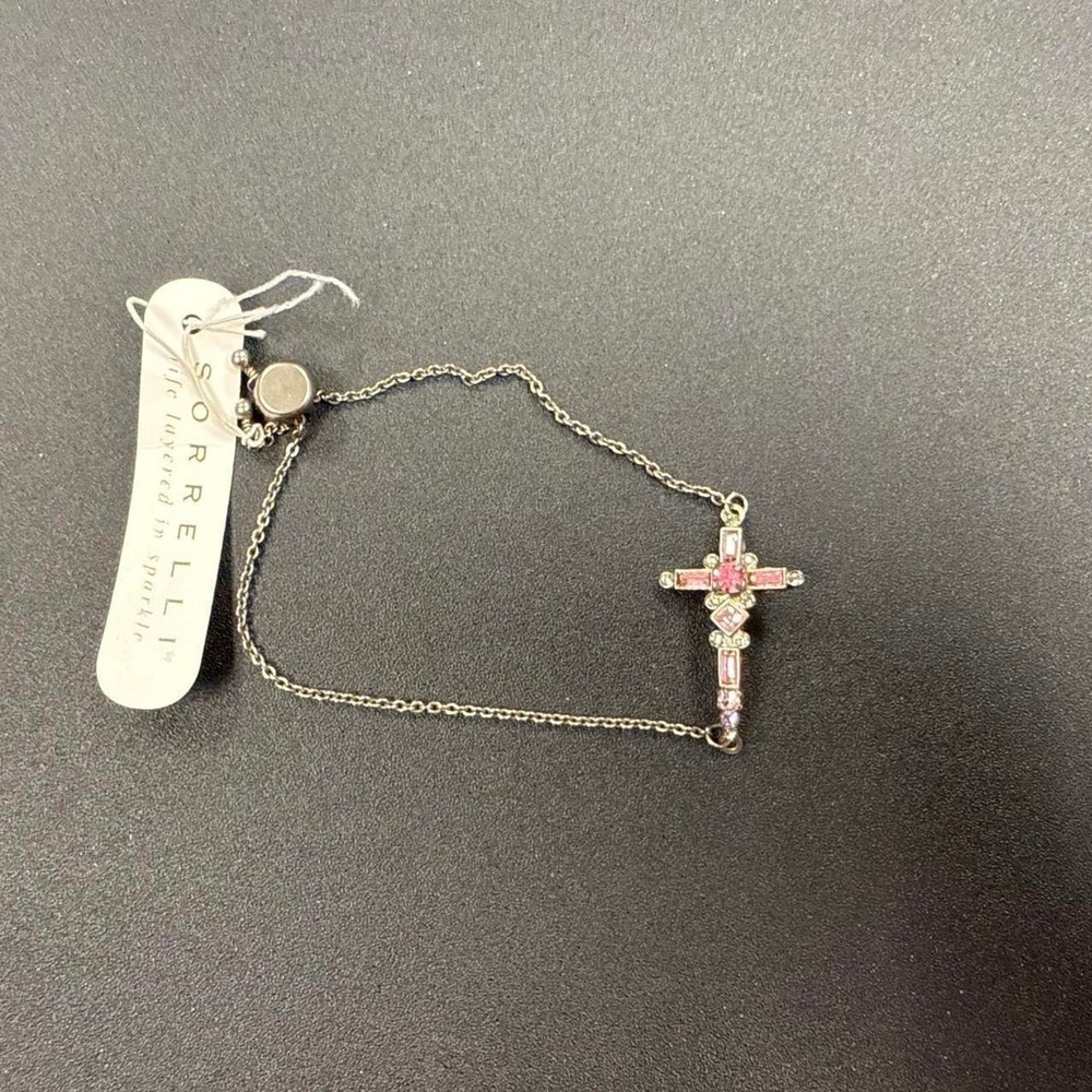 New Sorrelli cross bracelet with adjustable slider pink, lavender & clear stones